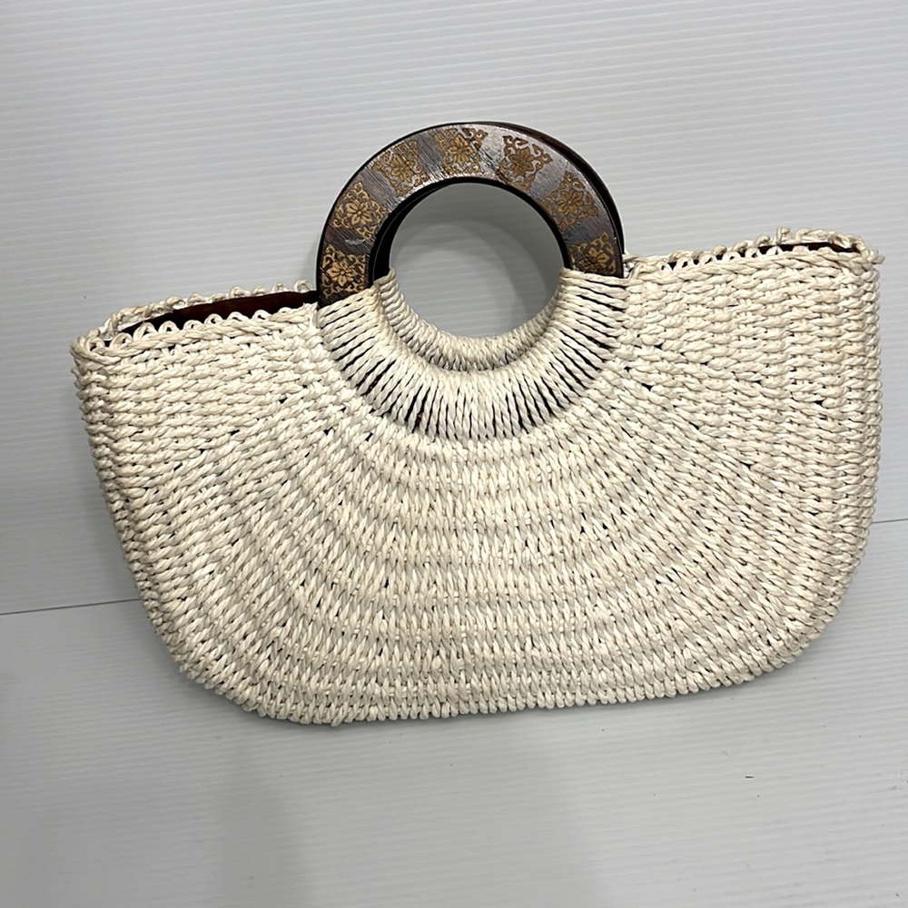 Coldwater Creek Woven Rattan Basket Handbag Purse women white/cream